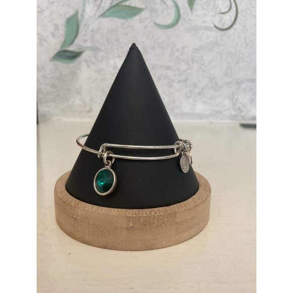 Alex And Ani Silver Tone Adjustable Bangle Bracelet With Green Crystal Charm - Picture 1 of 5